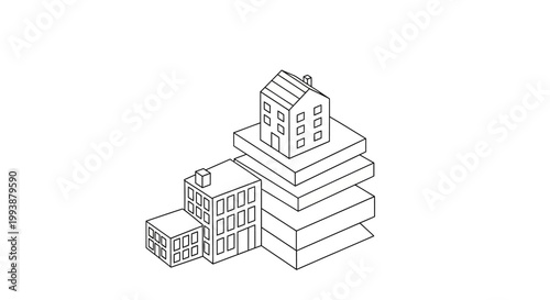 Minimalist Isometric House and Building Line Art on Stacked Blocks Representing Real Estate Development and Urban Growth