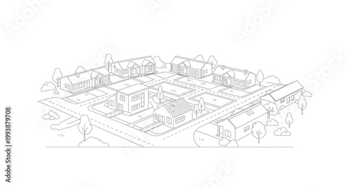 Isometric Suburban Neighborhood Illustration, Minimalist Residential Area Line Art, House and Street Map Layout