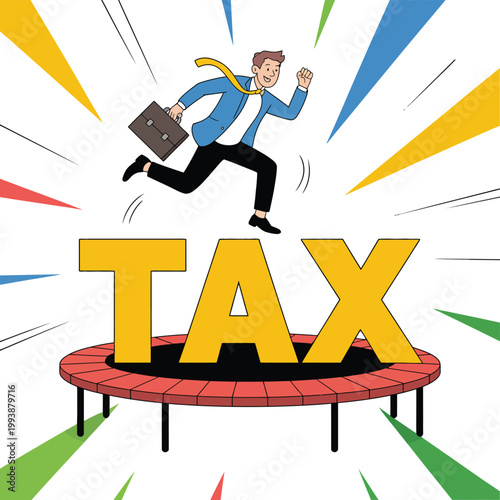 Businessman runs toward a trampoline featuring a giant tax sign during a morning commute time.
