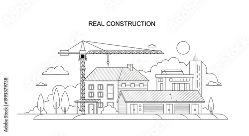 Construction Site Line Art Illustration with Tower Crane, Modern Buildings, and Real Estate Development Concept