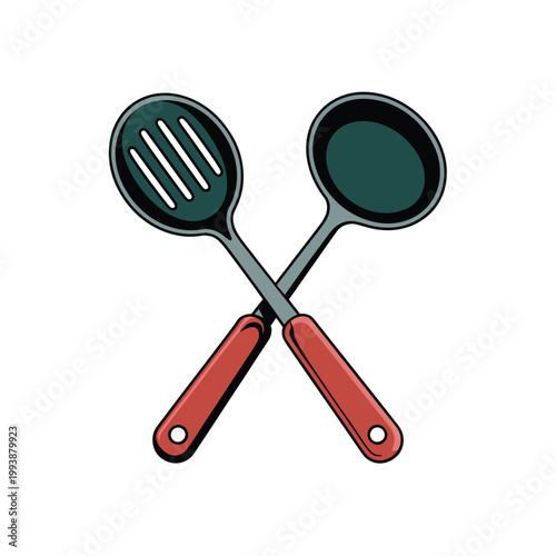 Kitchen utensils like a skimmer and a ladle are crossed to show culinary tool preparation.