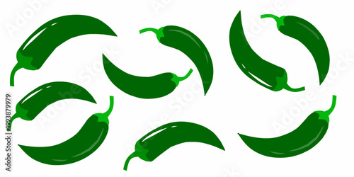 A collection of random chili illustrations. Hand-drawn green chilies. Chili vector icon.
