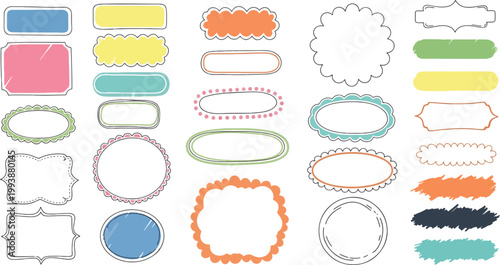 Collection of colorful hand drawn label frames with doodle outlines and decorative shapes for badges tags design