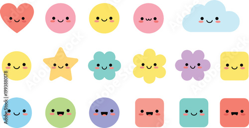 Collection of cute kawaii face icons with colorful shapes including hearts stars clouds and flower characters