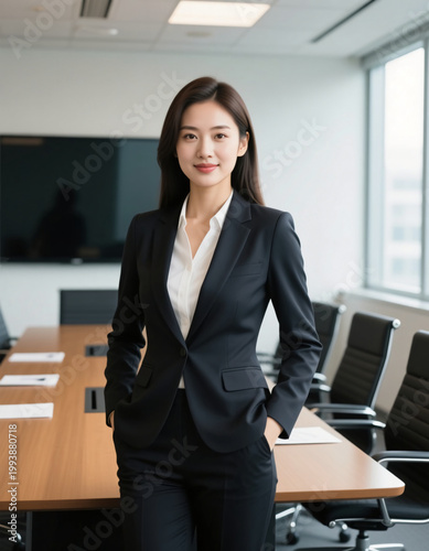 An Asian business woman is smiling while standing in a meeting room. She is dressed in a black suit and looking confident in her workplace during daytime hours Generative AI
