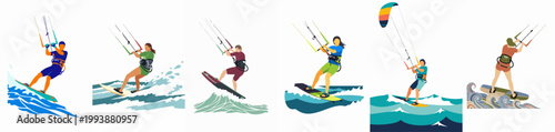 Foto Set of six colorful illustrations depicting men and women kitesurfing on various ocean waves, perfect for summer sports and adventure themes