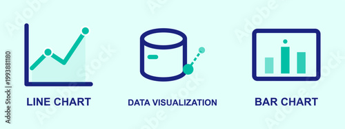 Data visualization icons line chart smart speaker and bar chart