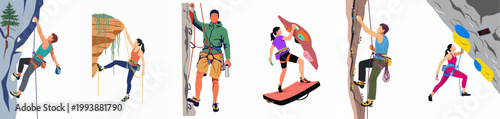 Vector illustrations of various people rock climbing, bouldering, and lead climbing outdoors and indoors on diverse rock faces and climbing walls.