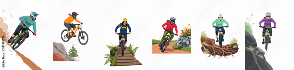 Obraz premium Collection of diverse mountain bike illustrations featuring cyclists riding on various terrains including dirt trails, wooden bridges, and steep rocky slopes.