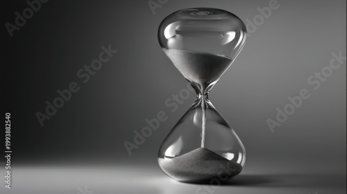 time management symbols, a sleek glass hourglass captures rapidly falling sand against a gradient backdrop