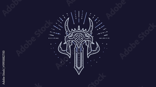Abstract sword and crown emblem on dark background vector illustration