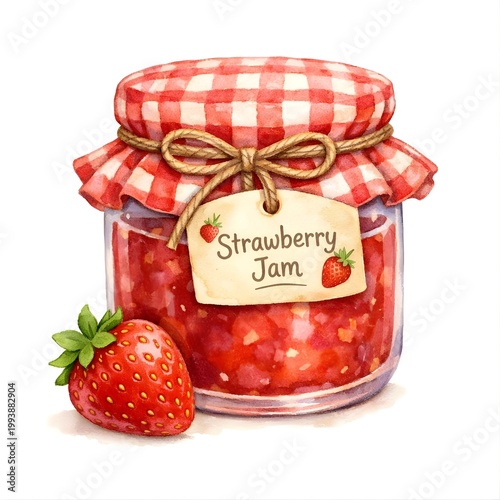 Strawberry Jam watercolor glass jar with plaid red and white lid, fresh strawberry fruit isolated on white background 