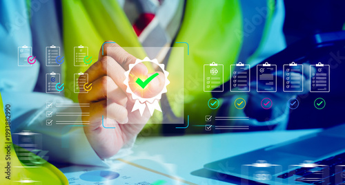 quality assurance, hand pressing approval checkmark with digital checklist interface, compliance verification and standard certification concept