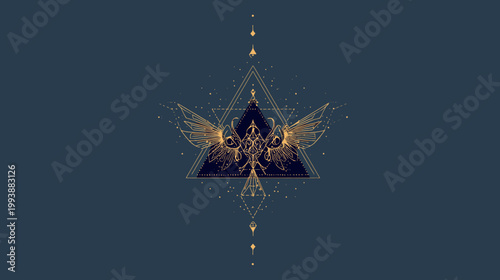 Geometric illustration featuring wings and stylized design elements on dark backdrop