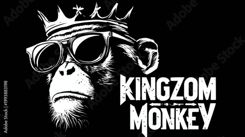 King monkey with crown and sunglasses black and white graphic design