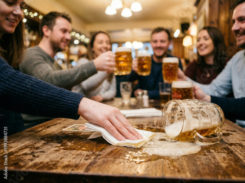 Pub scene with spilled ale being cleaned, frothy lager overflow, tavern table mess, social drinking moment, casual bar gathering, beer mug accident.