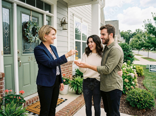 Property agent presenting keychain to smiling couple, homeownership milestone, residential transaction, welcome mat moment, suburban house closing.