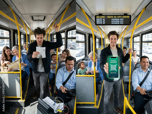 Passenger uses mobile vs paper receipt, showing digital shift in public transit. Rider tech, fare validation, smart city mobility.