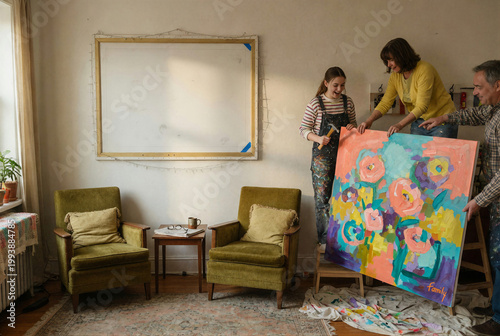 Three people install a vibrant abstract “Family” indoors, surrounded by vintage furniture, paint splattered overalls, and warm lighting an intimate creative moment.