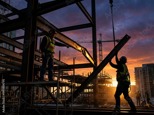 Structural steel erectors maneuvering I beam during hour, ironworkers assembling skeleton frame, high rise construction crew in safety vests and hard hats under dramatic twilight sky.