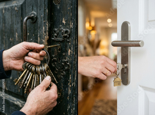 Hands inserting keys into vintage and contemporary door locks, showcasing aged brass keys and modern house keychain, entrance security contrast.