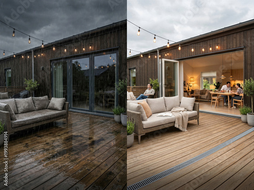 Contemporary deck w/ weather resistant wicker furniture, Edison bulb lighting, sliding glass doors to warm interior. Modern alfresco space.