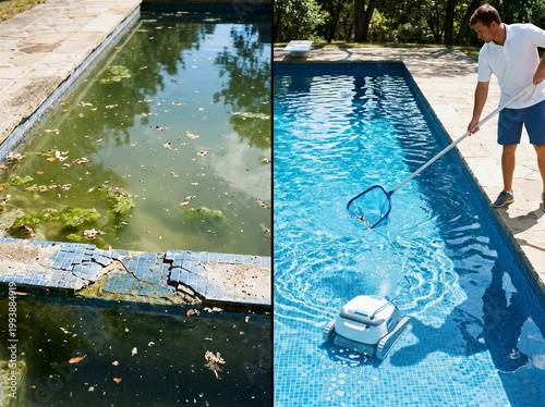 Dirty green pool with debris contrasted against sparkling blue water man skimming surface while automatic cleaner. Pool maintenance, aquatic hygiene, backyard renovation.