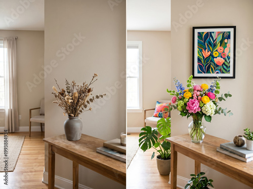 Entryway console displaying dried botanicals and vibrant fresh blooms, decor, interior styling centerpiece, natural home accents.