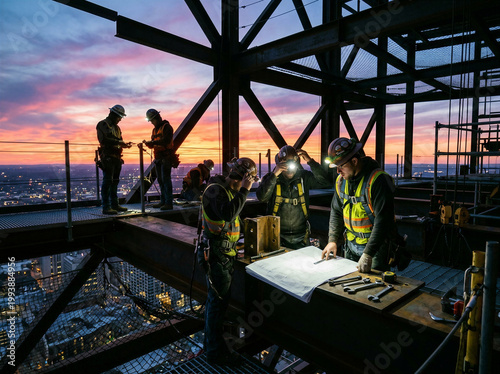 Ironworkers examining architectural plans atop skeletal skyscraper, structural steel erectors, high rise builders, urban construction crew, twilight site inspection, hardhat team.