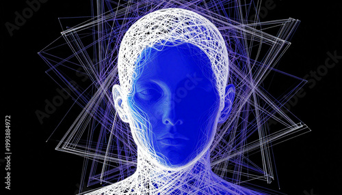 Abstract Blue Wireframe Portrait of Human Head and Profile