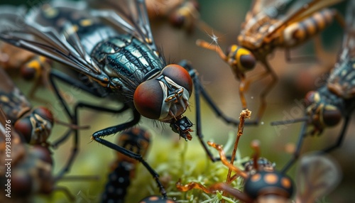 Macro view of various insects on green foliage, capturing intricate details of nature.