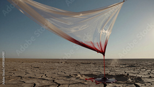 Red Liquid Dripping from White Fabric into Cracked Earth at Sunset