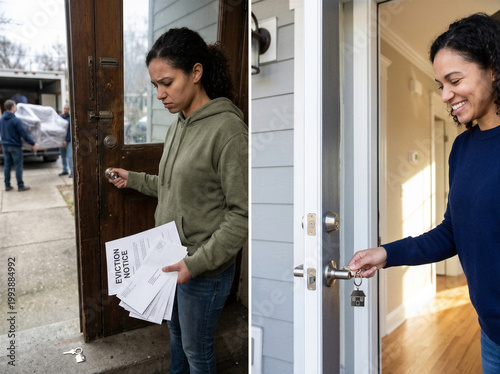 Eviction scenario versus new homeowner joy, residential transition contrast, property displacement, housing insecurity vs ownership celebration.