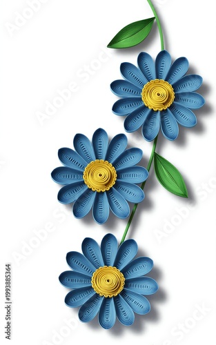 Three blue paper flowers with yellow centers and green leaves on a