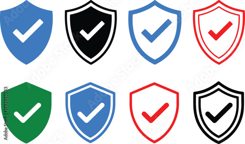 Collection of shield with check marks in various colors and outline styles representing security protection safety and verified status for web