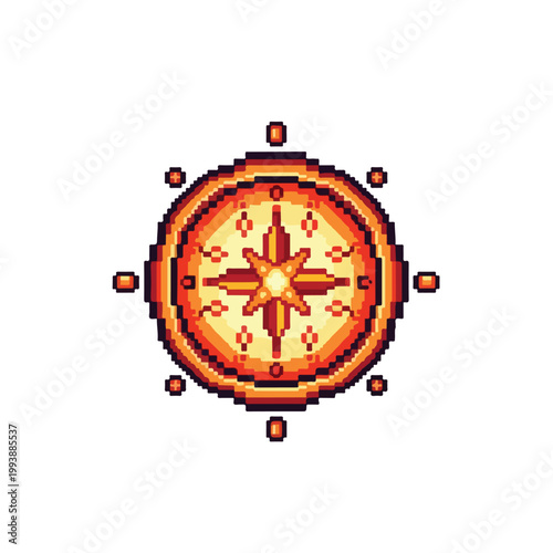 A retro-style pixel art illustration of a glowing golden compass or circular emblem, featuring intricate geometric patterns and warm colors.