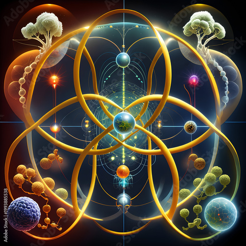 Abstract Quantum Biology Concept: Interconnected Elements of Life and Science