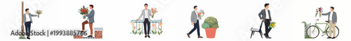 Set of diverse illustrations featuring a stylish man in a suit holding beautiful flower bouquets in various outdoor park and garden settings.