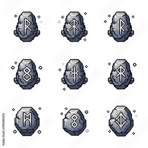 A collection of nine distinct stone runes with glowing white symbols is presented in a detailed pixel art aesthetic against a white background.