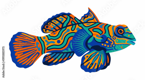 Colorful Mandarin Fish Illustration Abstract Tribal Pattern Blue Orange Green