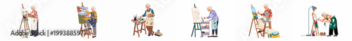 Collection of illustrations showing an elderly woman artist painting landscapes on easels using various tools in a creative flat design style.