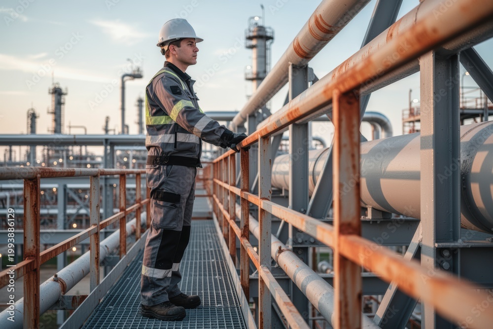 Naklejka premium Man inspecting industrial pipelines on elevated walkway at oil refinery during sunset
