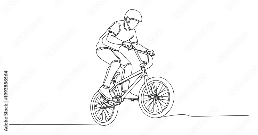 Obraz premium Monoline drawing of a cyclist riding a BMX bicycle with protective helmet and knee pads for extreme sport marketing materials