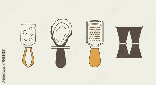 Set of Kitchen and Household Items Featuring a Cheese Grater, Oyster Shucker, and Hourglass, in a Bright Studio