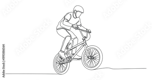 Monoline drawing of a cyclist riding a BMX bicycle with protective helmet and knee pads for extreme sport marketing materials