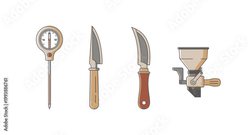Illustration of kitchen utensils and tools.