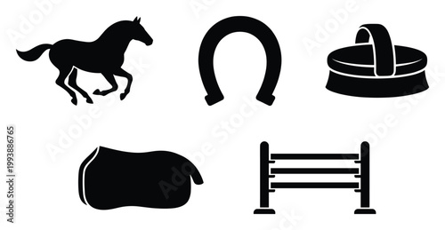 Equestrian horse riding accessories and animal silhouettes for sports themed graphic resources and branding projects
