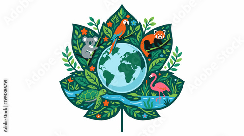 Conservation Focused Illustration Showing Global Biodiversity with Animals and a Vibrant Green Environment
