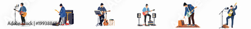 Set of vector illustrations featuring a male musician playing various guitars, singing into microphones, and working with audio equipment in different musical settings.