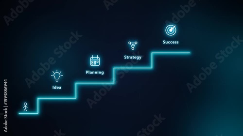 Futuristic Neon Blue Step Timeline With Glowing Business Icons Showing Idea Planning Strategy And Goal Achievement On Dark Sci Fi Background With Particle Sparkles And Minimal Stick Figure Progress